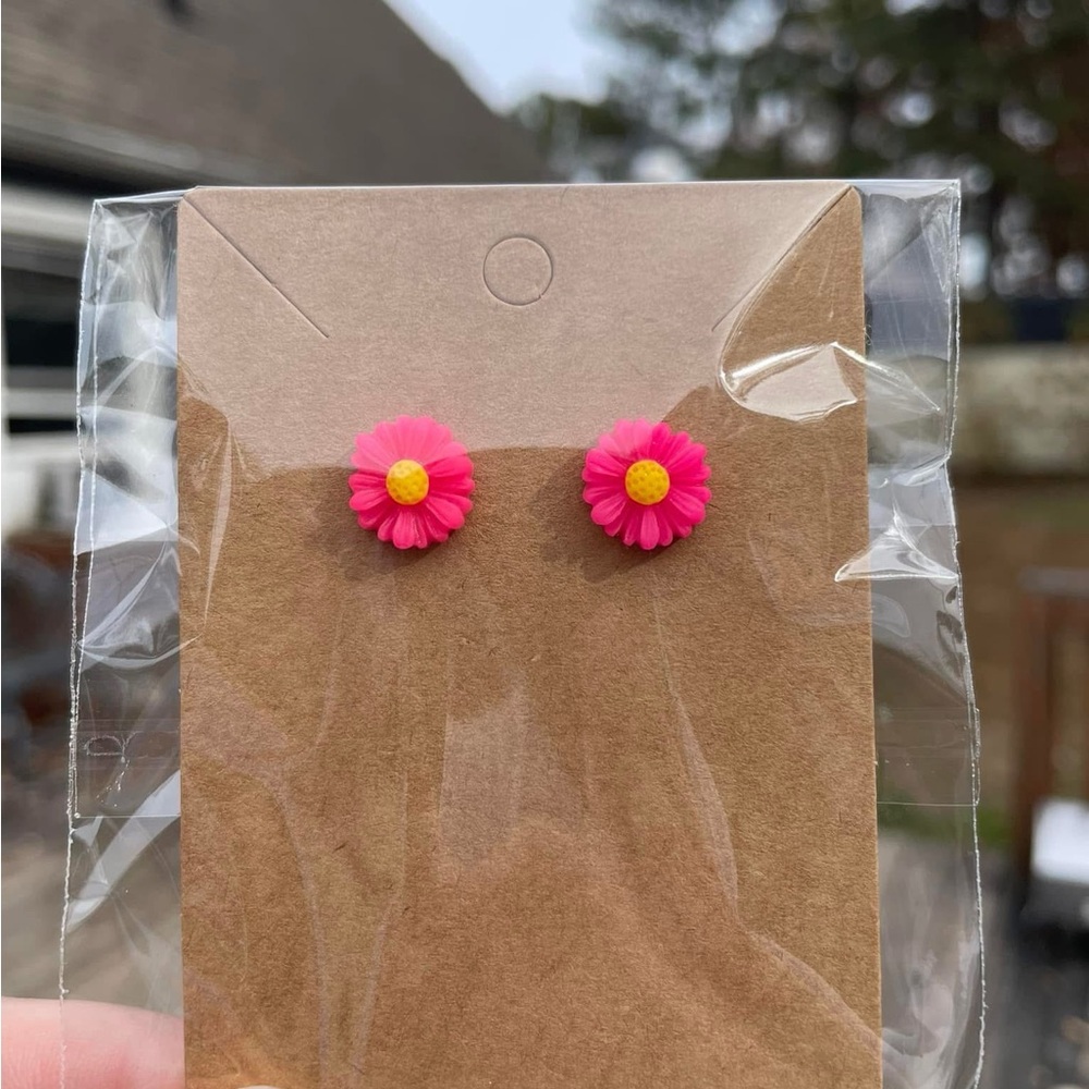 Hand-pieced Hot Pink and Yellow Flower Stud Earrings